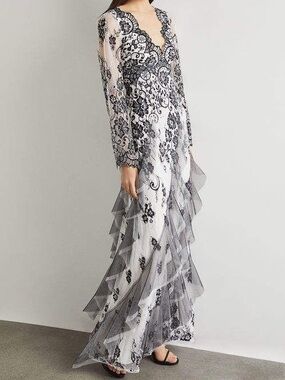 BCBGMaxAzria Black and White Lace V-Neck Ruffle Gown